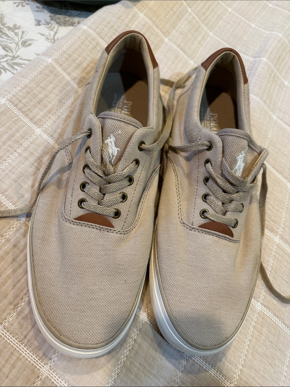 Polo by Ralph Lauren Men’s Tan Canvas Lace-Up Sneakers with Brown Accents